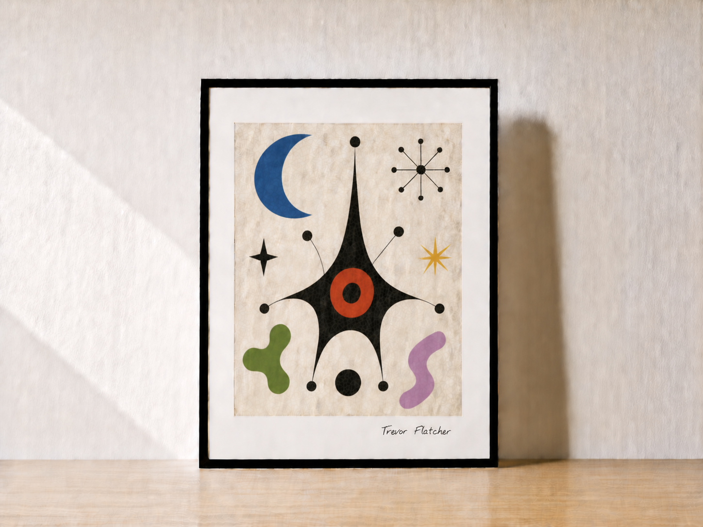 Abstract art on a minimalist shelf