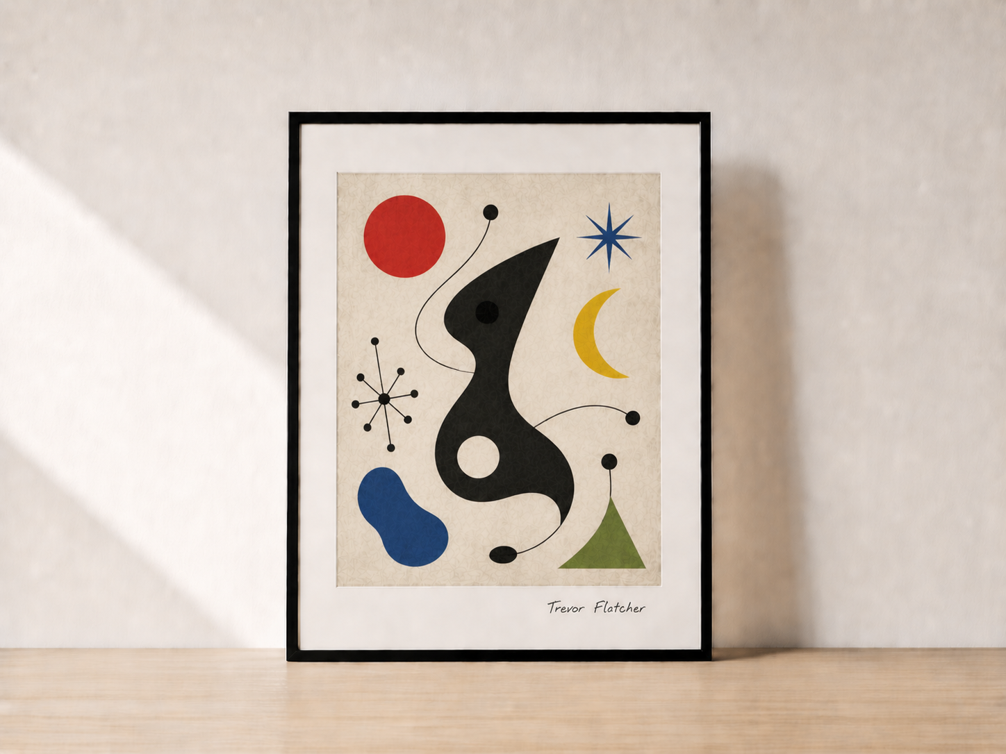 Abstract mid-century artwork on wood tabletop