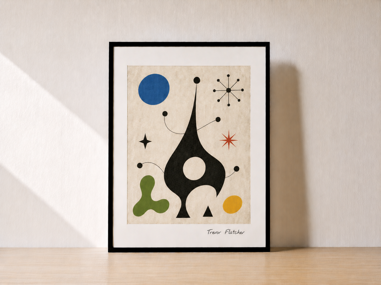 Minimalist abstract art on wooden shelf